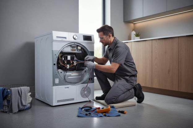 Technician diagnosing a clothes dryer's heating element and drum components