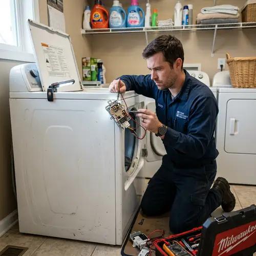 Technician performing dryer repair work in a Naperville home