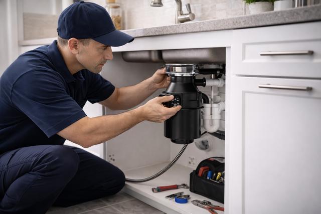 Technician diagnosing a garbage disposal under a Naperville kitchen sink