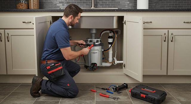 Technician installing a new garbage disposal unit in a Naperville kitchen