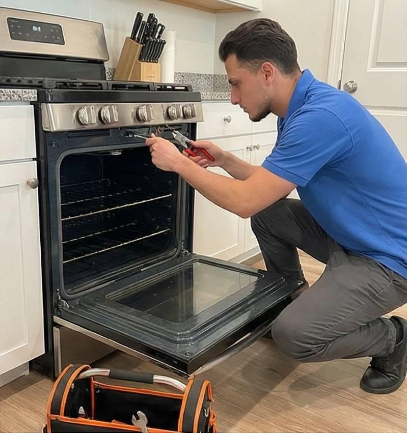 Technician diagnosing an oven's igniter and heating element