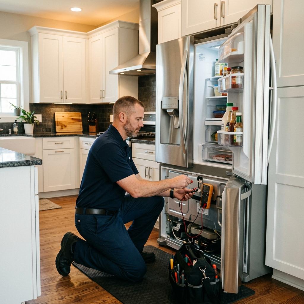 Technician using a multimeter to diagnose a refrigerator's electrical components