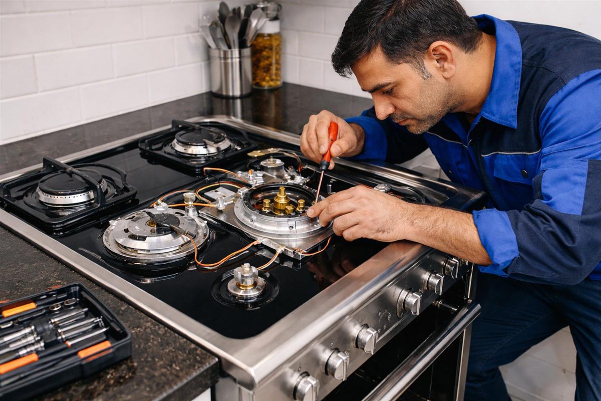 Technician diagnosing a stove burner igniter and gas valve