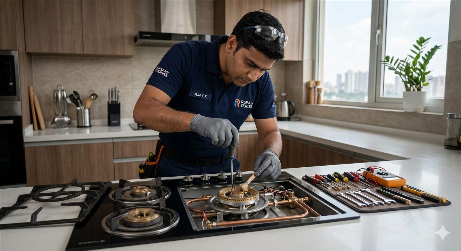 Technician repairing a gas stove burner in a Naperville, IL kitchen