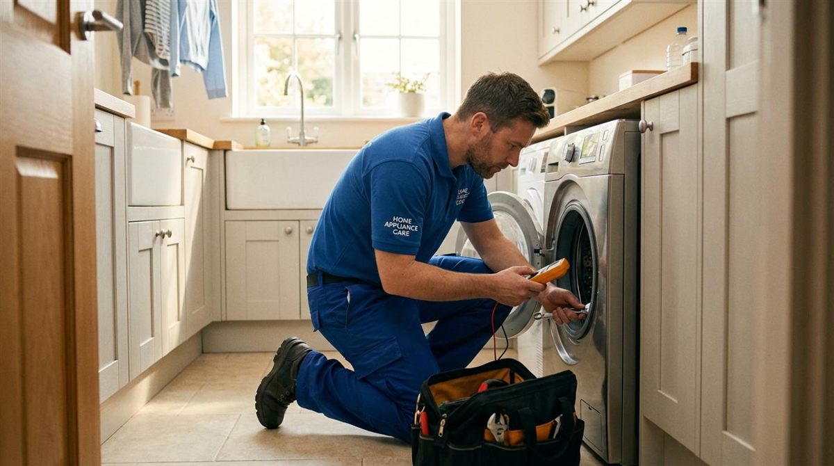 Technician performing washer repair work in a Naperville home